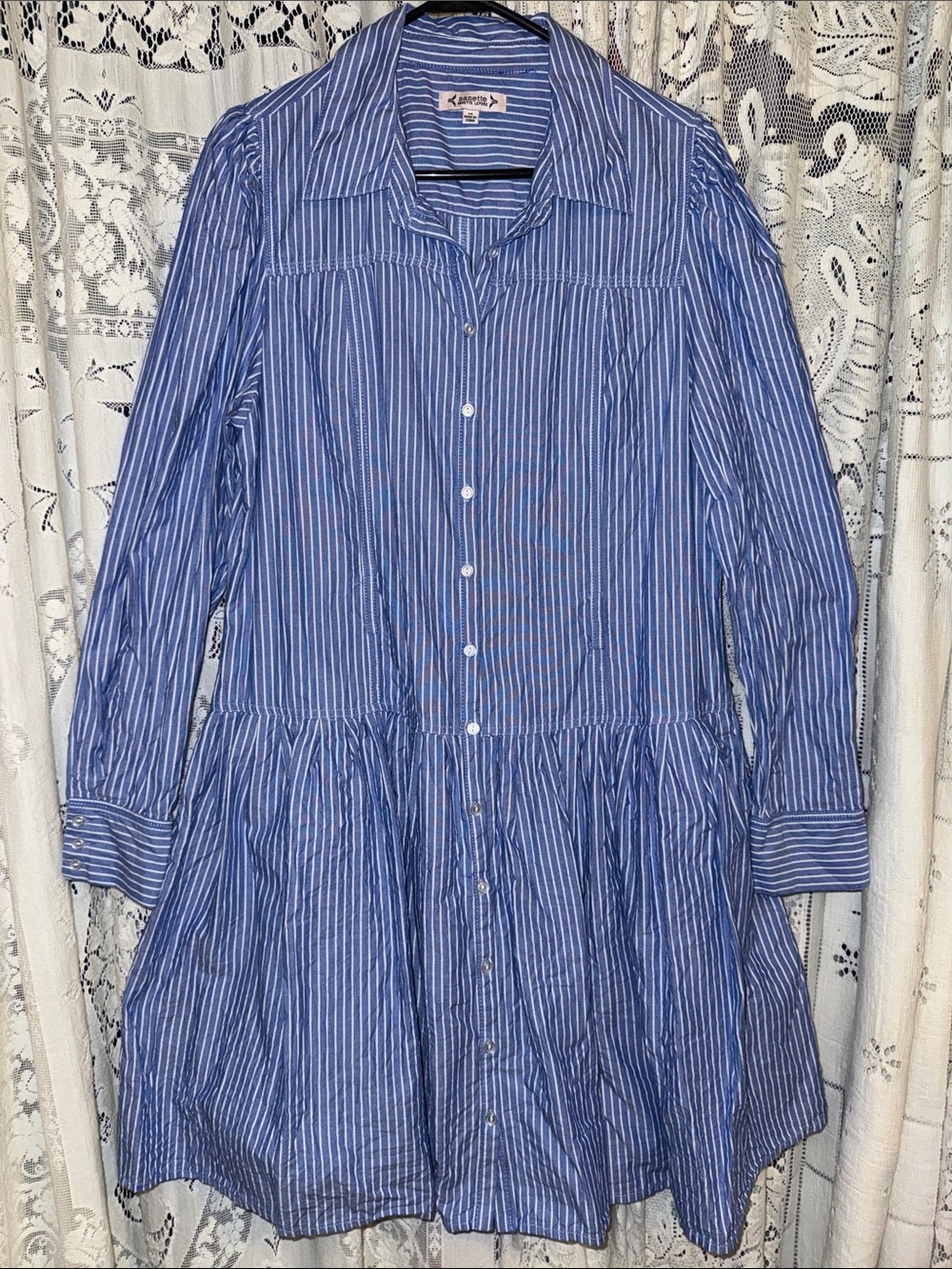 Nanette Lepore Blue and White Striped Long-Sleeve Shirt Dress